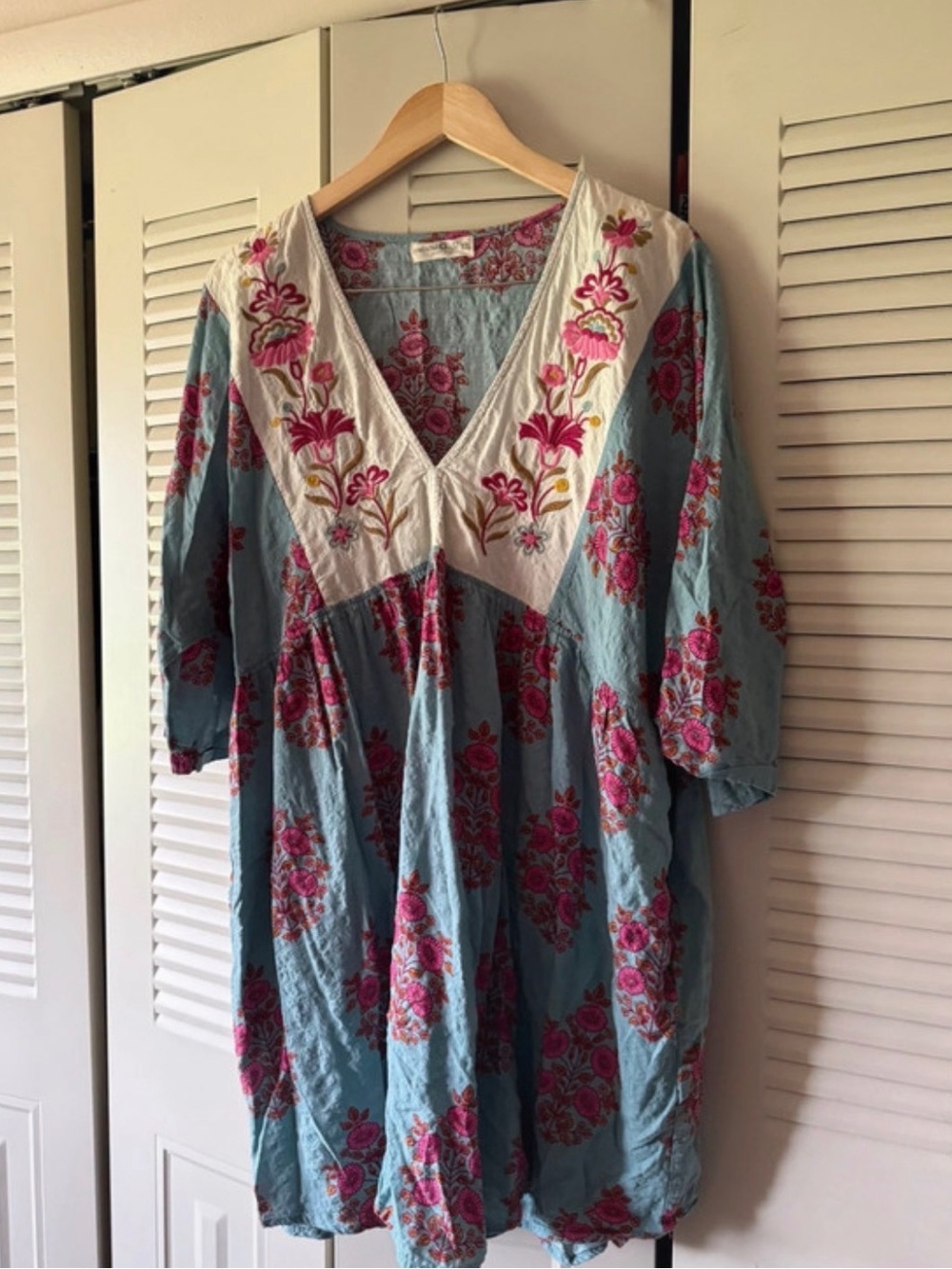 NATURAL LIFE Light Blue Dress with Pink Floral Embroidery